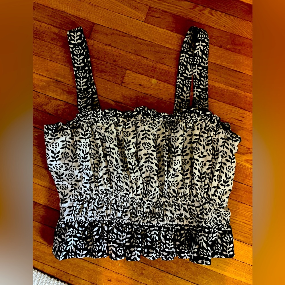 LOFT Black and White Leaf Print Smocked Camisole